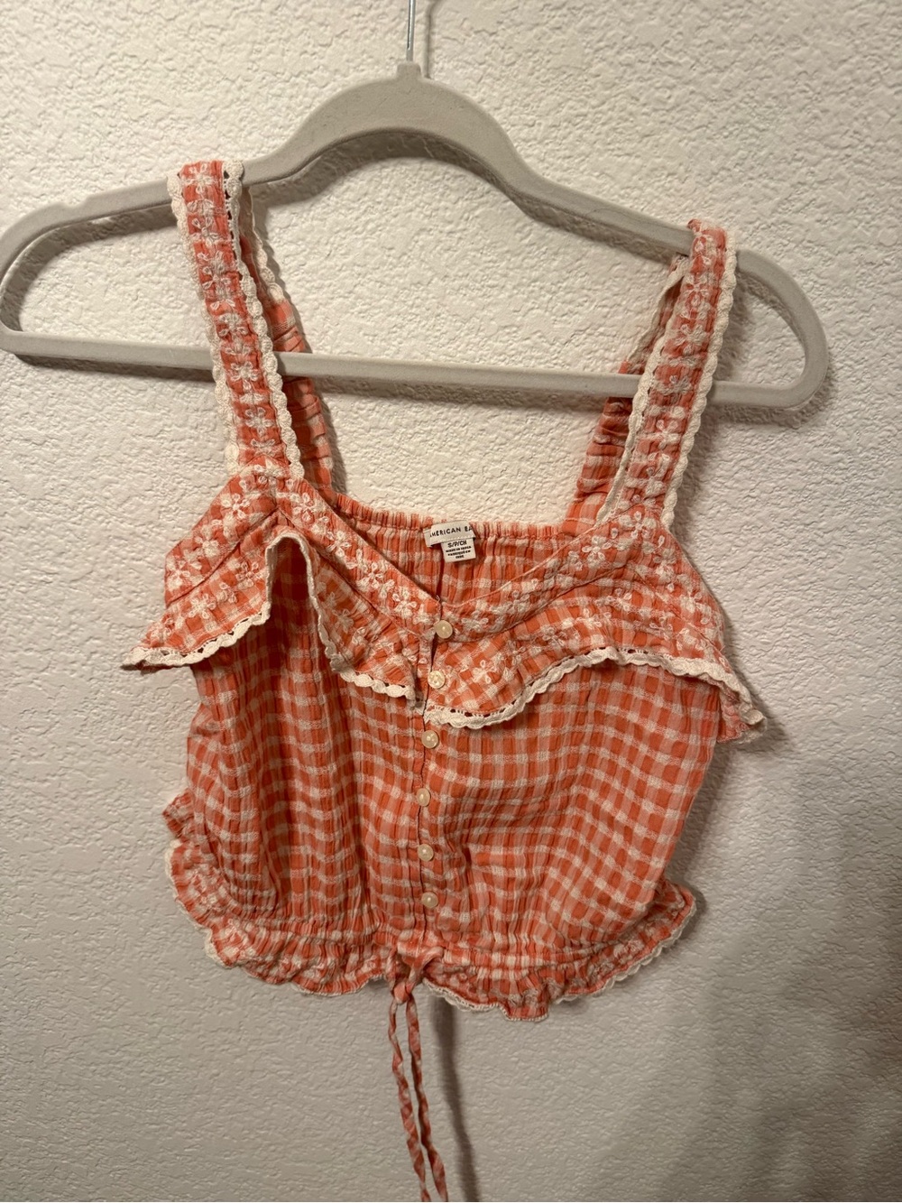 American Eagle Women’s Small Gingham Floral Embroidered Ruffle Cami Top